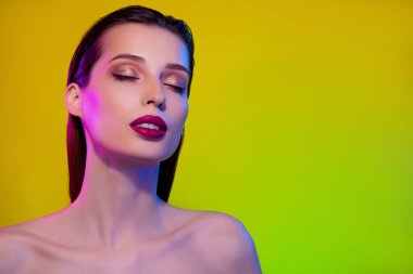 Çekici, lüks, şık bir bayanın fotoğrafı. Makyaj sanatçısı tedavisi parlak, boş bir alanda tavsiye edilir..