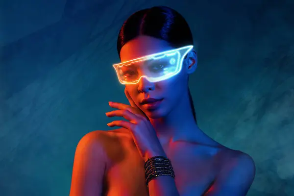 Creative 3d abstract collage of stunning girl wear holographic goggles for using virtual reality network.