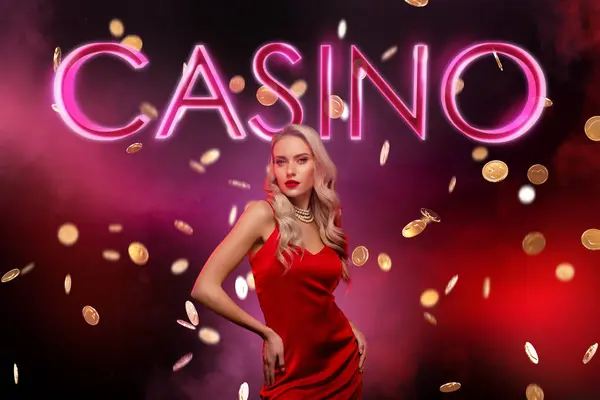 Artwork Collage Wealthy Successful Pretty Girl Red Dress Flying Casino — Stock Photo, Image
