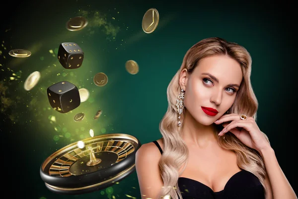 Collage Immagine Elegante Ricca Signora Gioielli Abito Nero Casino Roulette — Foto Stock