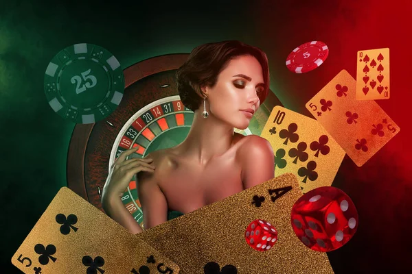 Creative poster collage of lovely rich sexy young lady casino winner gambling blackjack roulette chips dice.