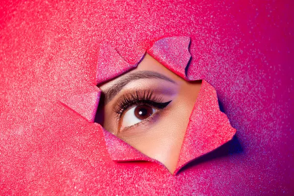 Photo Girl Eye Look Red Glitter Ripped Paper Billboard — Stock Photo, Image