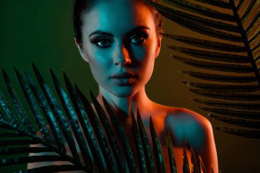 Işıl ışıl parlayan tenli seksi bir kadının fotoğrafı. Arzuyu hisset. Yağmur ormanlarında saklanmak..