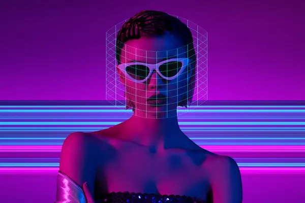 Creative abstract futuristic collage of cool woman wear innovative glasses access virtual reality on violet background.