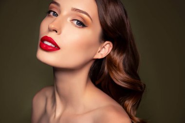 Zarif, baştan çıkarıcı bayan Smokey Eyes 'ın yakın plan portresi kırmızı halı gece kulübü etkinliği için hazırlanıyor..