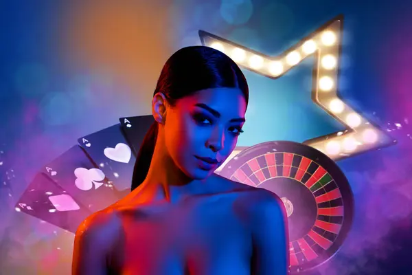 Collage Creativo Impresionante Chica Casino Ruleta Tarjetas Estrellas Luces Multicolor —  Fotos de Stock