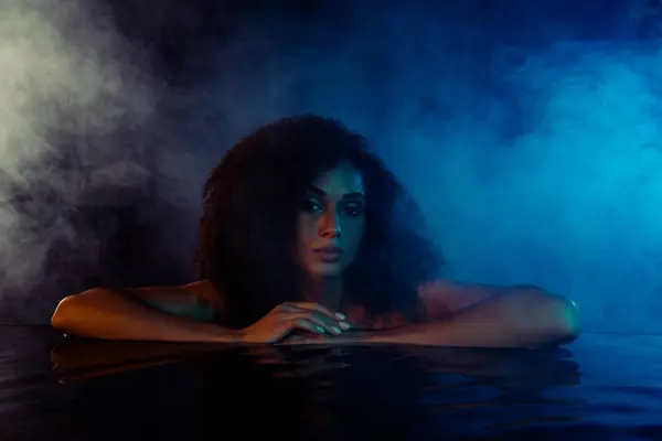 Portrait Charming Lady Blue Ultraviolet Bath Enjoying Hot Water Sauna — Stock Photo, Image