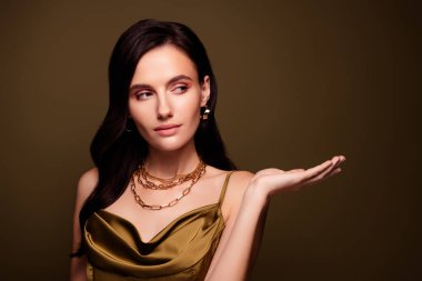 Muhteşem zarif bayan boş görünüyor. Kahverengi gradyan arkaplan üzerine özel bir tatil önerisi göster..