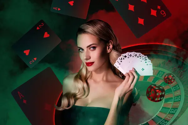 Collage Tendencia Creativa Hermosa Sexy Rubia Joven Hembra Jugar Casino —  Fotos de Stock