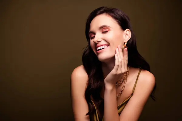Portrait Cheerful Lovely Lady Laughing Showing Golden Accessories Empty Space — Stock Photo, Image