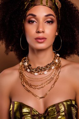 Şık bayan mükemmel tanrıçanın portresi altın mücevher ile birçok kabile insanı ona tapıyor..