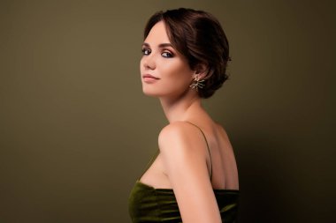 Fıstık gibi bir bayan kız arkadaşın fotoğrafı. Pahalı bir mücevher giy. Klas kadife gece elbisesi..