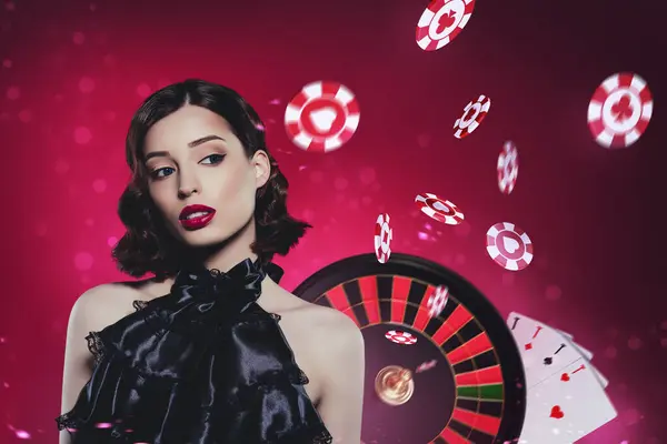 Collage Hermosa Dama Elegante Casino Fortuna Ganador Ruleta Rueda Cartas — Foto de Stock