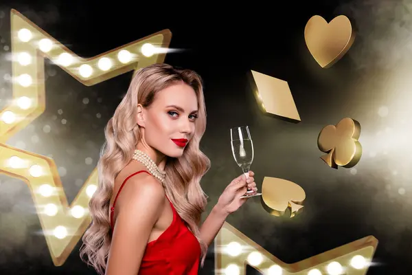 Kreativ Collage Bild Ganska Elegant Röd Klänning Dam Hålla Champagne — Stockfoto