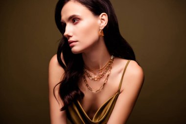 Kahverengi gradyan arka planda izole edilmiş muhteşem bayan altın koleksiyonu ve haki renkli ipek elbisenin portresi.