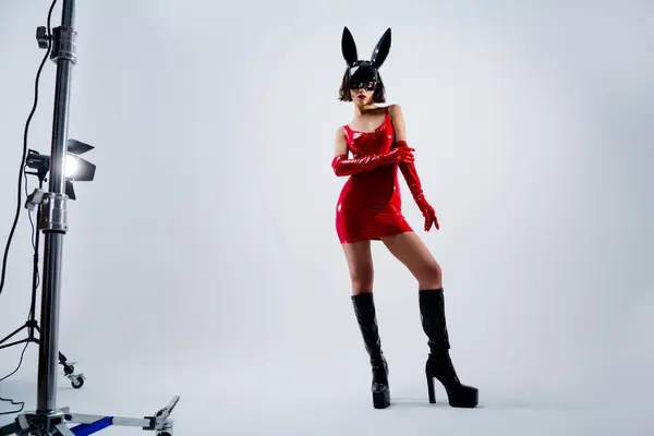 Full Size Photo Attractive Woman Posing Studio Rabbit Mask Red — Stock Photo, Image