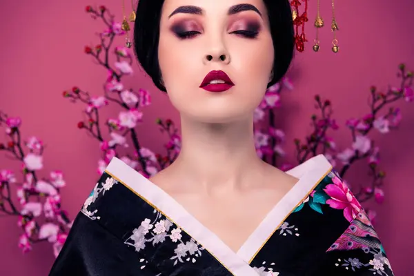Portrait Stunning Elegant Korean Woman Geisha Character Ideal Perfect Maquillage — Stock Photo, Image