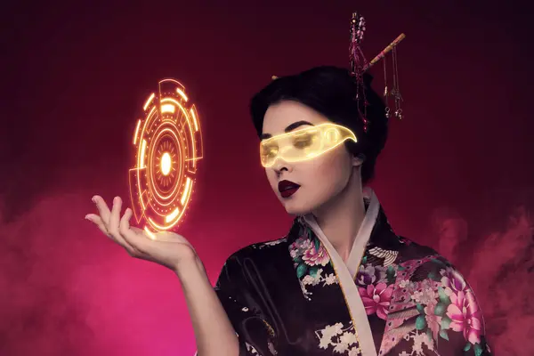 Creative Digital Abstract Collage Korean Lady Playing Holographic Goggles Using — Stock Photo, Image