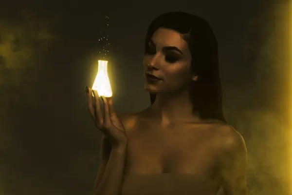 Artwork Collage Oszałamiające Piękne Ramię Dziewczyna Trzymać Świecące Światło Złota — Zdjęcie stockowe