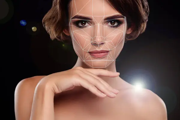 Kreatywny Szablon Kolaż Kobieta Dotyk Podbródek Testowanie Skóry Dla Aging — Zdjęcie stockowe
