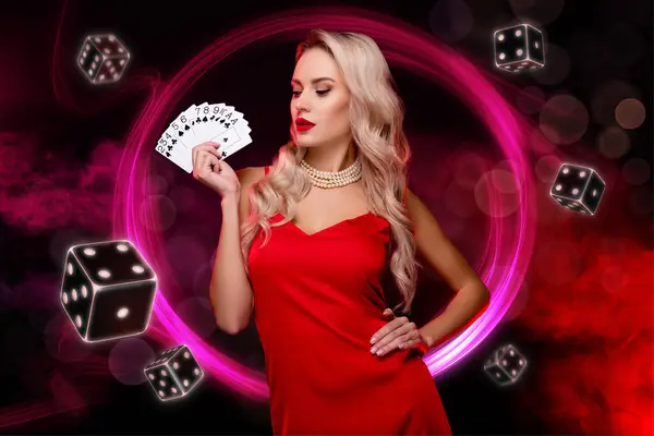 Collage Bild Elegant Fantastisk Röd Klänning Flicka Hålla Poker Kort — Stockfoto