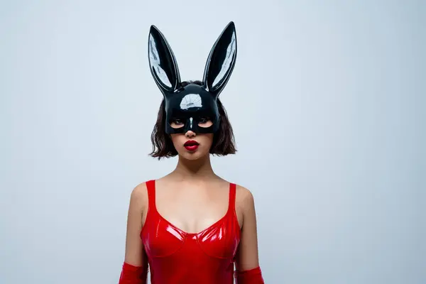Photo Gorgeous Girl Sex Shop Promo Banner Rabbit Mask Red — Stock Photo, Image