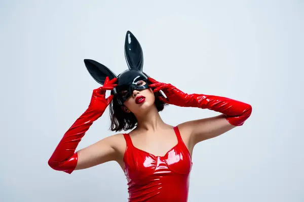 Photo Attractive Woman Hands Touch Head Play Role Rabbit Mask — Stock Photo, Image