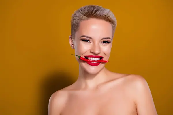 Photo Woman Smiling Toothy Bite Red Chili Pepper Isolated Yellow — Stock Photo, Image