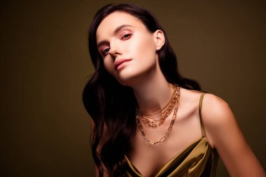 Zengin kadın milyoner gelinin fotoğrafı kahverengi gradyan arka planda izole edilmiş değerli aksesuarlar giyer..