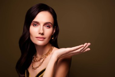 Göz kamaştırıcı zarif bayan şöhret marka altın koleksiyonu kahverengi gradyan arkaplan üzerinde boş yer tutun.