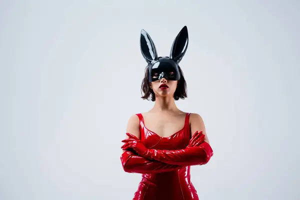 Photo Gorgeous Girl Folded Hands Confident Pose Rabbit Mask Red — Stock Photo, Image