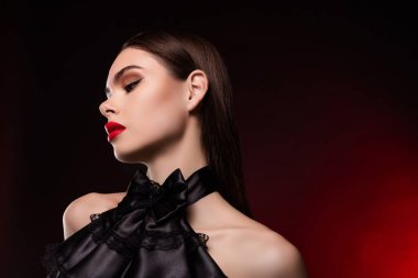 Kadının profil resmine bak. Parlak bir makyaj elbisesi, izole edilmiş kırmızı bir arka plan giy..