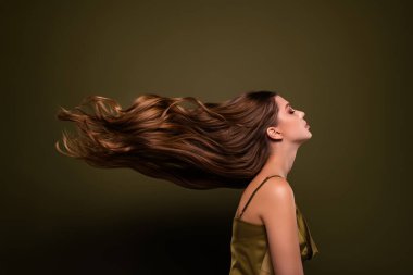 Çekici, şık, zarif, güzel, uzun saçlı, haki renkli arka planda..