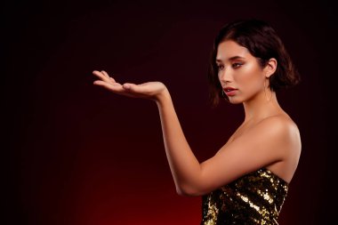 Klas, zarif, zarif bir bayanın fotoğrafı. Koyu kırmızı arka planda izole edilmiş boş bir yere bakıyor..