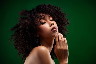 Çekici, çekici bir kadının fotoğrafı. Kusursuz, sağlıklı bir estetik dokunuş. Yeşil arka planda izole edilmiş..