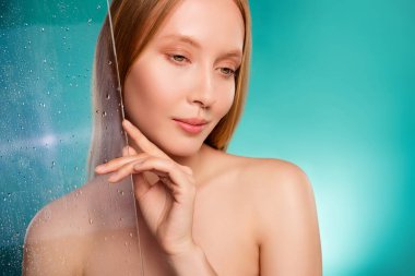 Lovely dreamy lady have fresh douche wash bodycare isolated on cyan color background.