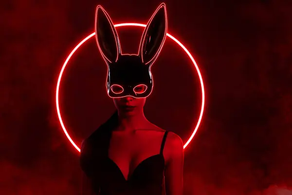 Muhteşem kadın fahişelerden oluşan yaratıcı poster kolajı siyah tavşan maskesi giyin izole edilmiş kestane rengi arka plan.