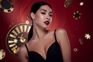 3D kolaj fotoğrafı klas bir kız siyah elbiseli kumarhane ruleti yüksek riskli eğlence.