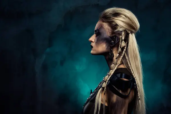 İskandinav Savaşçı Kadın Viking 'in fotoğrafı karanlık sisli arka planda savunma kabilesi için Şaman' ı dinleyin..