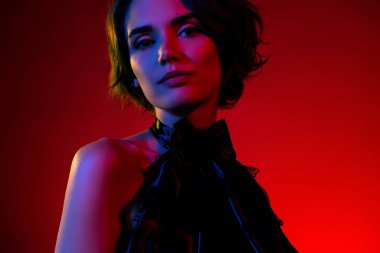 Çekici bir kadının fotoğrafı. Eski moda tasma giyer. Moda haftası..