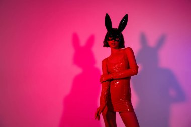 Çekici kadının fotoğrafı kendine dokunuyor seksi tavşan kız arkadaş maskesi kırmızı deri elbise neon ışıklı arka planda izole edilmiş.