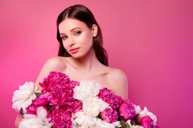 Photo of charming cute lady with fresh flowers promo perfume spring collection on pink color background. clipart