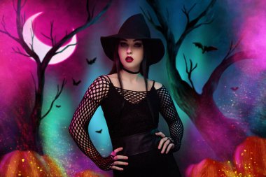 Büyülü kadın ve cadının yaratıcı sanat kolajı Karanlık Orman resminin arka planında elleri belinde duruyor..