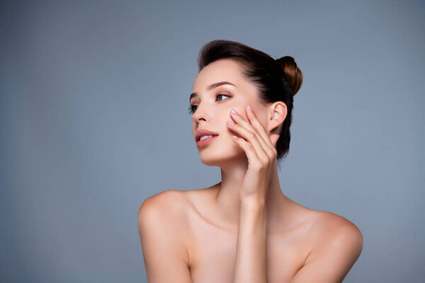 Photo of tender charming lady naked shoulders lifting effect therapy isolated on grey color background.