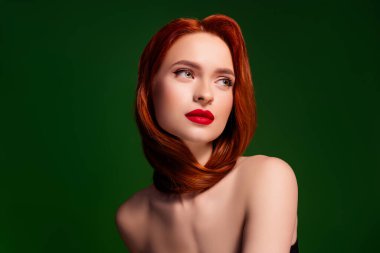 Photo of pretty lady with shiny glossy red hair head look profile side isolated green color background. clipart