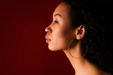 Kırmızı arkaplanda izole edilmiş boş aksesuar giyen zarif, çarpıcı ünlünün profil kenar portresi.
