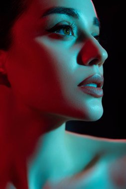 Mükemmel makyajlı ve kusursuz ciltli çarpıcı, güzel model popüler bir yıldızın dikey fotoğrafını çek..