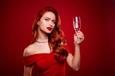 Şık bir bayanın fotoğrafı. Noel 'i kutlayın. Kırmızı arka planda şampanya kadehini kaldırın..