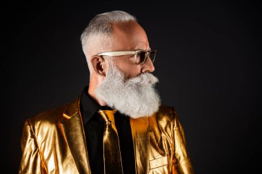 Müsrif kıdemli adam profil tarafına bak. Koyu renk arkaplan üzerine şenlik için altın renkli kostüm giy..