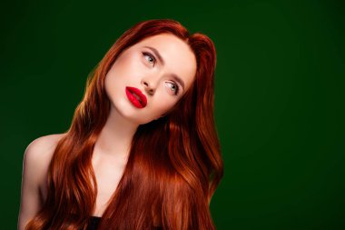 Uzun, parlak kızıl saçlı muhteşem bir kadının fotoğrafı çekici geliyor. Profil profili boş yeşil arkaplan rengi..